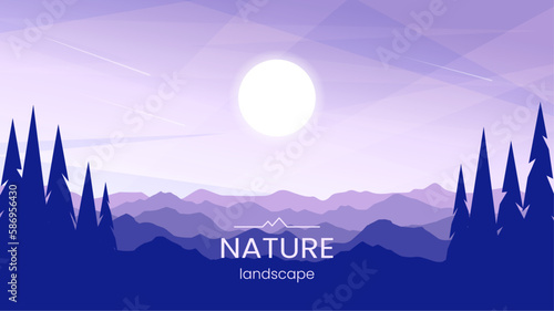 Sunset or sunrise in the mountains. Fir trees in the foreground. A panoramic view of the mountain ranges. Vector image. Minimalist flat style. Background, cover, banner, wallpaper design.