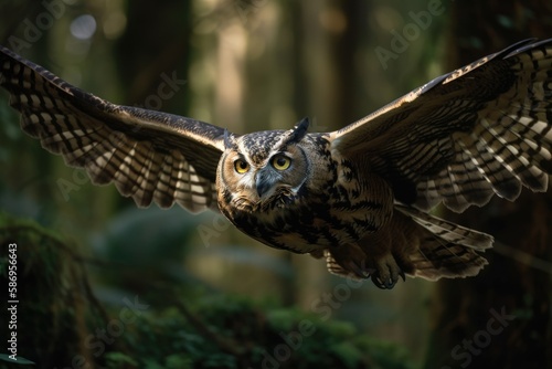 An eagle owl flying in the wild. Generative AI