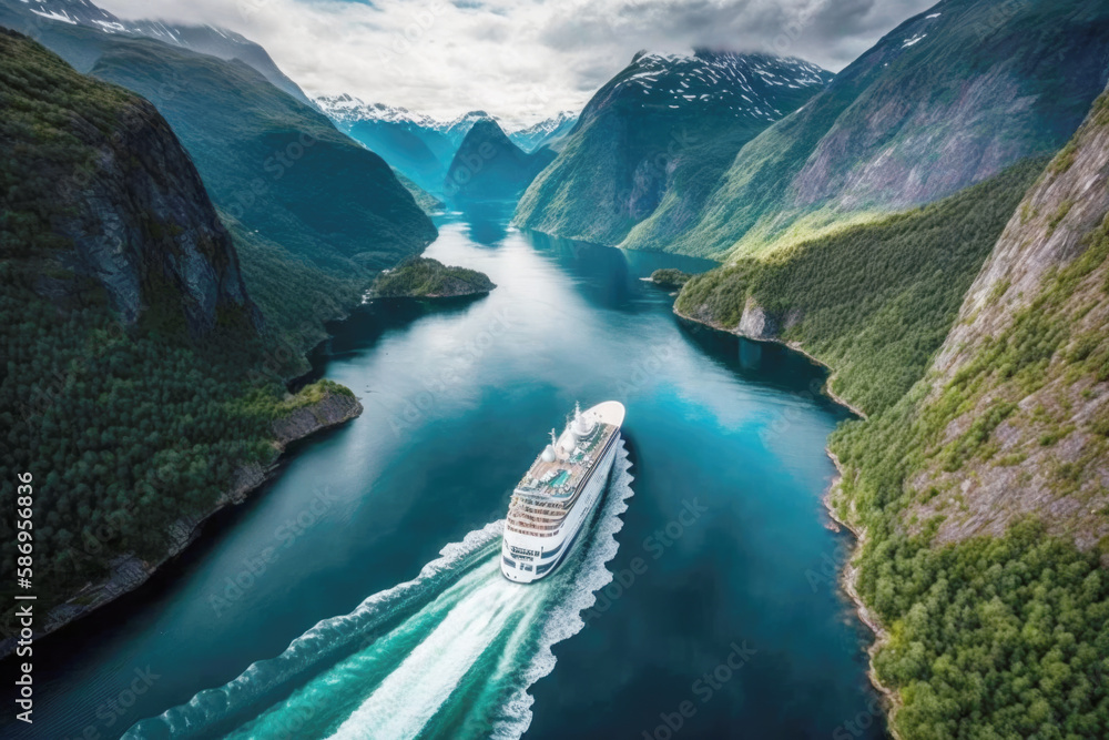 Cruise ship passes a narrow canyon of rock, one of the many natural wonders that can be found in Norwegian fjords. AI generative - obrazy, fototapety, plakaty 