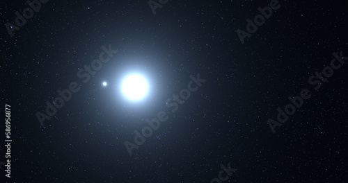 Distant alien star system with dark starry background.