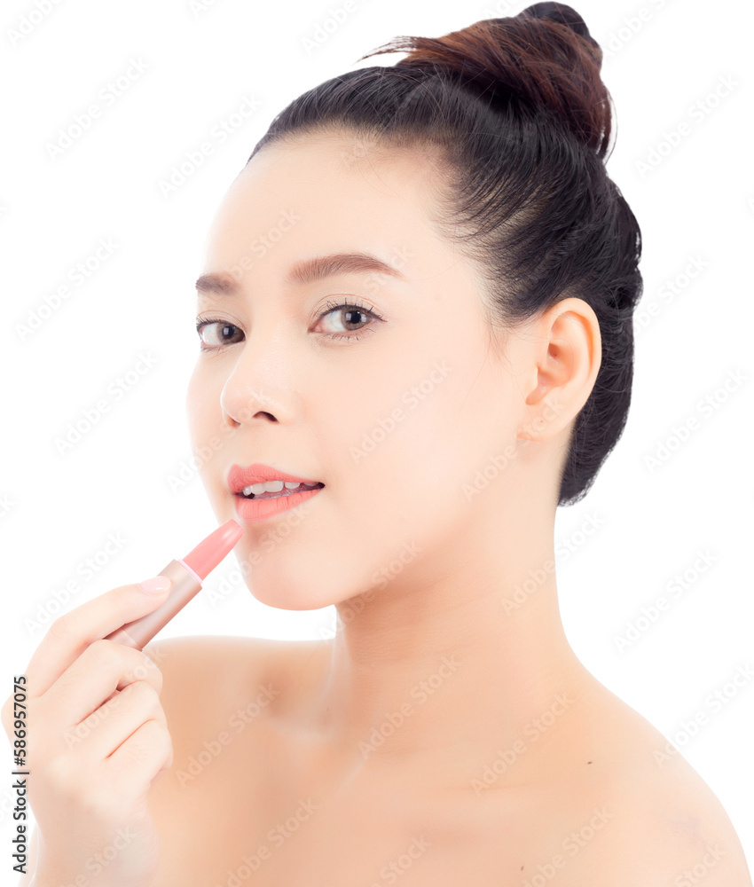 Beauty of portrait asian woman applying make up with lipstick of mouth, Beautiful girl on lips with happy, skincare and cosmetic concept. Beauty of portrait asian woman applying make up with lipstick of mouth, Beautiful girl on lips with happy, skincare and cosmetic concept.