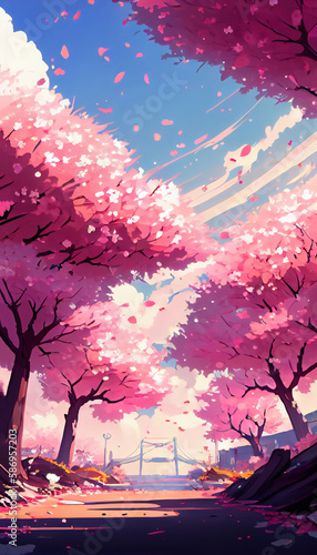 Pink cherry blossoms fluttering in the sky