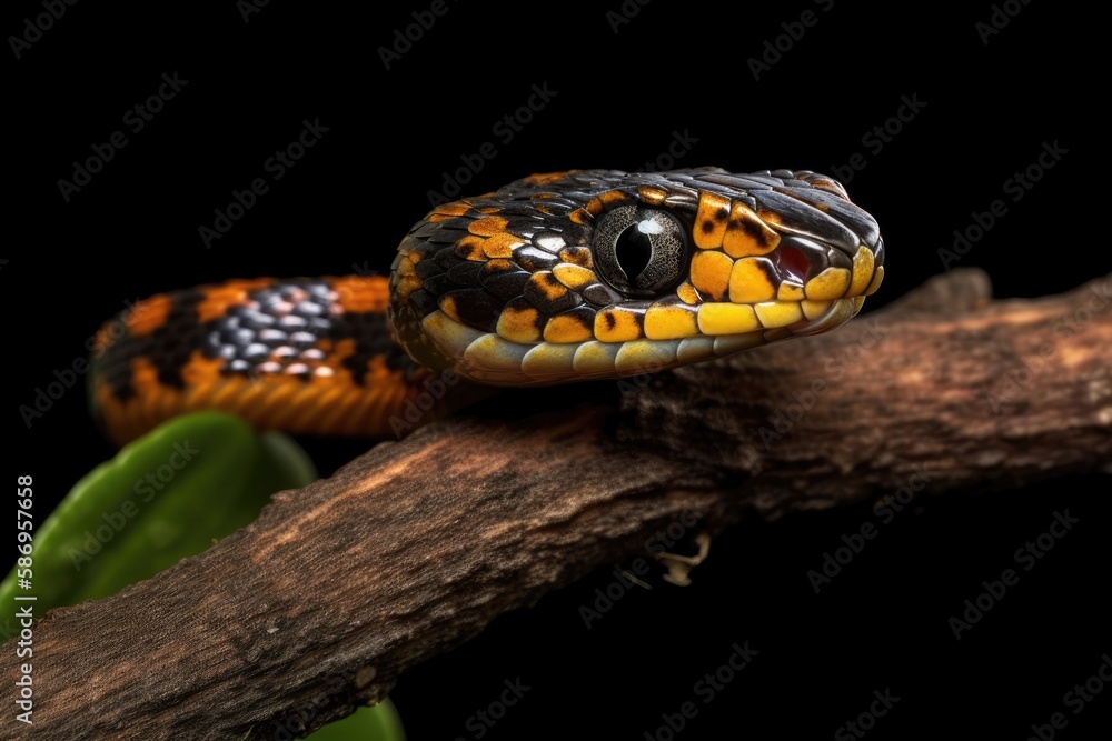 In the spring or summer, a black immature tiny snake, or natrix, is seen wiggling on a branch against an isolated background. Generative AI In the spring or summer, a black immature tiny snake, or natrix, is seen wiggling on a branch against an isolated background. Generative AI
