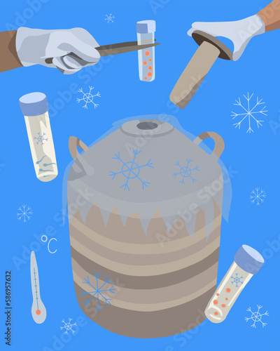 Vector isolated illustration of egg sperm freezing. Artificial insemination. Ovulation. Cryobank. Sperm bank.