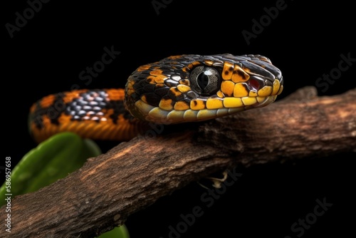 In the spring or summer, a black immature tiny snake, or natrix, is seen wiggling on a branch against an isolated background. Generative AI