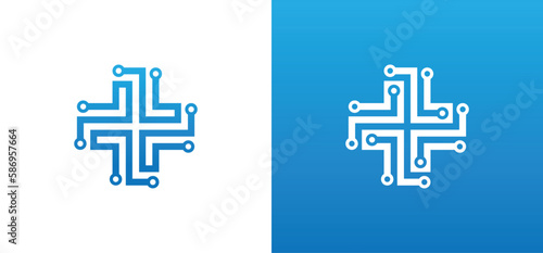 Plus Tech Medical Technology Logo Concept sign icon symbol Element Design. Hospital, Clinic, Health Care Logotype. Vector illustration logo template