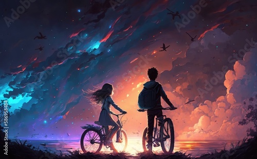 Riding on bicycle against night sky, painting of love
