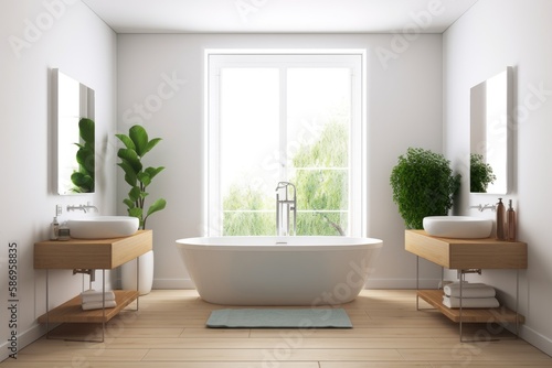 Interior of bathroom with bathtub and two sinks, deck mounted soap and gel dispenser, towel rack, and large plant in pot on parquet floor. blank space for wall copy,. Generative AI © AkuAku