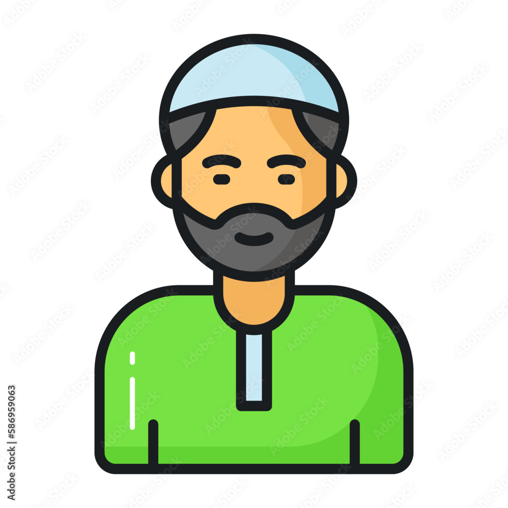 Cap on bearded man head showing icon of muslim man. editable vector