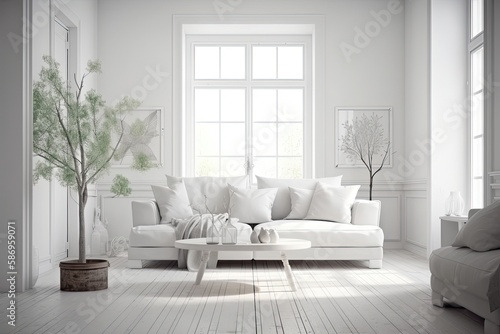 modern living room with minimalist white furniture and a potted tree as a natural touch. Generative AI