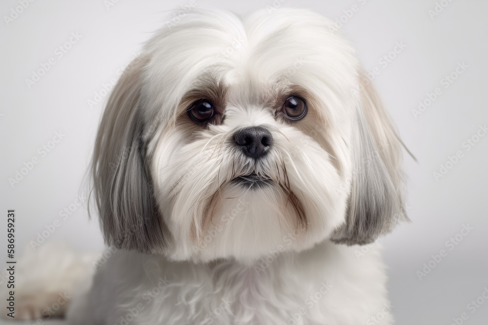 Shih Tzu Maltese dog portrait with a white backdrop. Generative AI