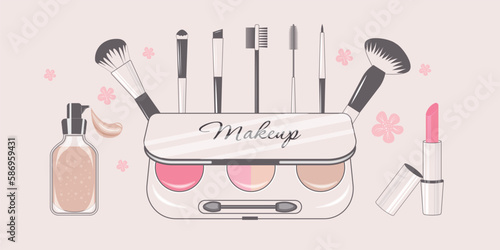 A set of makeup brushes, foundation for the face, lipstick. The concept of beauty and femininity.