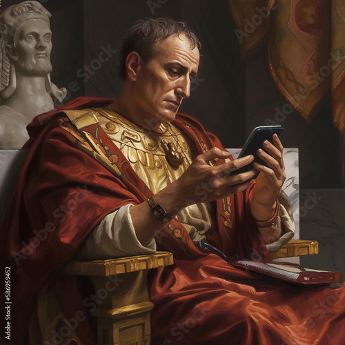 Plakat Julius Caesar holding a smartphone. Created by generative ai