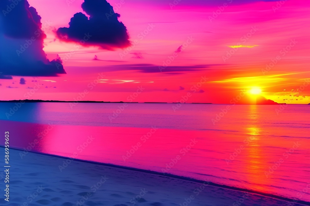 Beautiful sea sunset view, ocean, tropical island beach nature, red pink sky - generative ai
