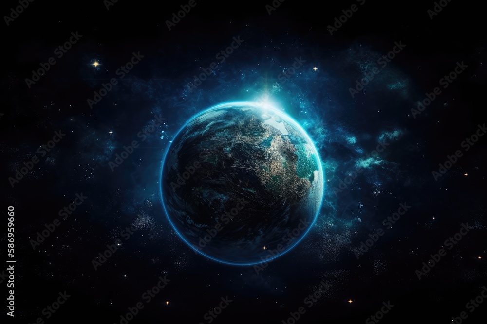 Use of the Earth planet in the galaxy for science fiction design blue sheen. Generative AI
