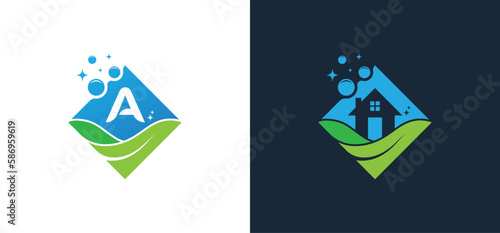 Square Cleaning Service with leaf Logo Concept symbol icon sign Element Design. Bubble, House, Home, Plumber, Plumbing Logotype. Vector illustration template