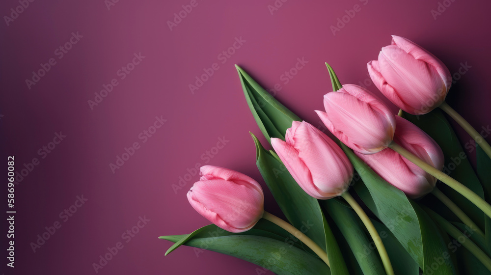 Obraz premium Wonderful tulips on a color background. Space for copy. Generative AI
