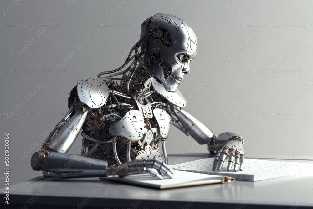 robot is sitting at a table on a light background, and before him lay diary and pen. Generative AI robot is sitting at a table on a light background, and before him lay diary and pen. Generative AI