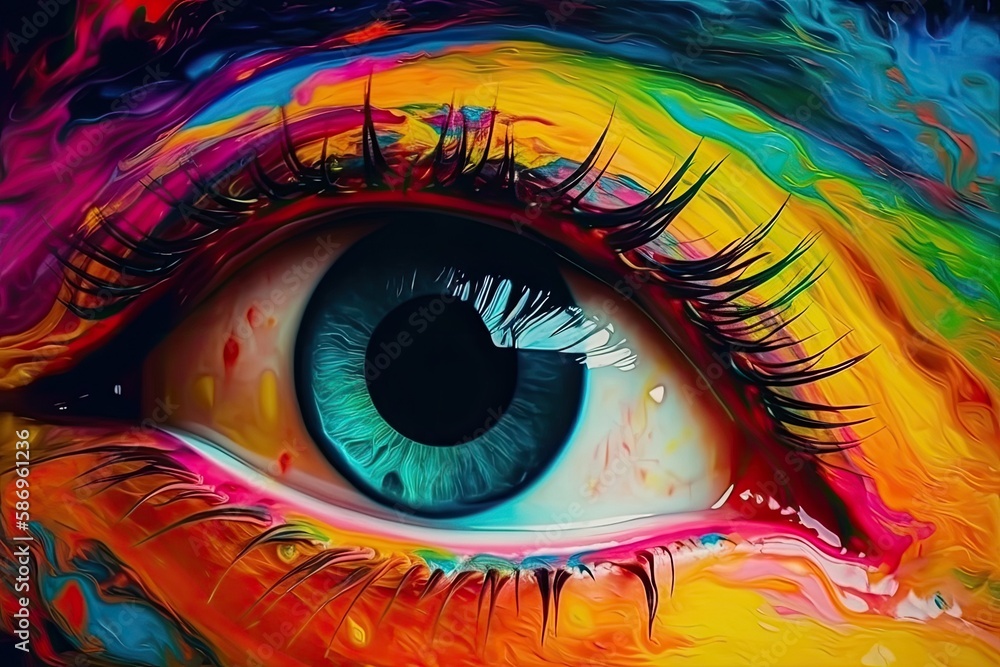 Conceptual abstract picture of the eye. Oil painting in neon colors. Conceptual abstract closeup of an oil painting - Generative AI