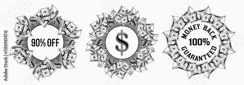 Set of monochrome circular money frames with US dollar bills, dollar sign, copy space. Logo, emblem, badge for advertisement, sale, offer, discount, winner award, congratulations. White background.