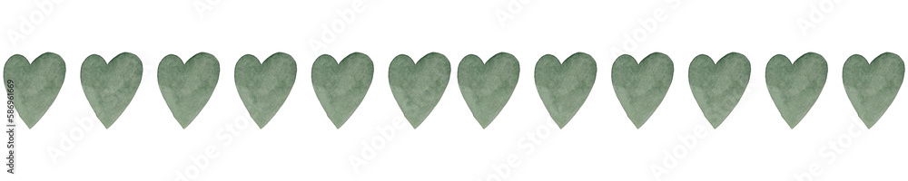 Border made of green hearts. Isolated watercolor drawing. White background