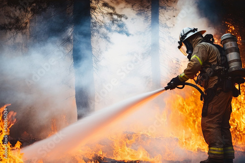 Generative AI image of male firefighter in uniform and helmet extinguishing burning fire while using water spray extinguisher photo
