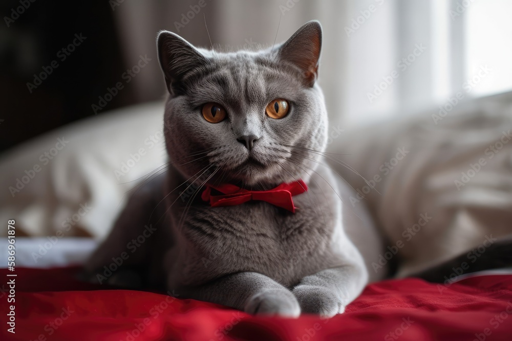 attractive gray short haired British cat with a red bow. Generative AI