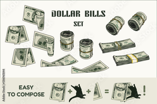 Set of 100 dollar bills with obverse and reverse side. Money rolls, wads of cash money, bent, folded, twisted banknotes. Vintage style. Colorful detailed vector illustration on white background.
