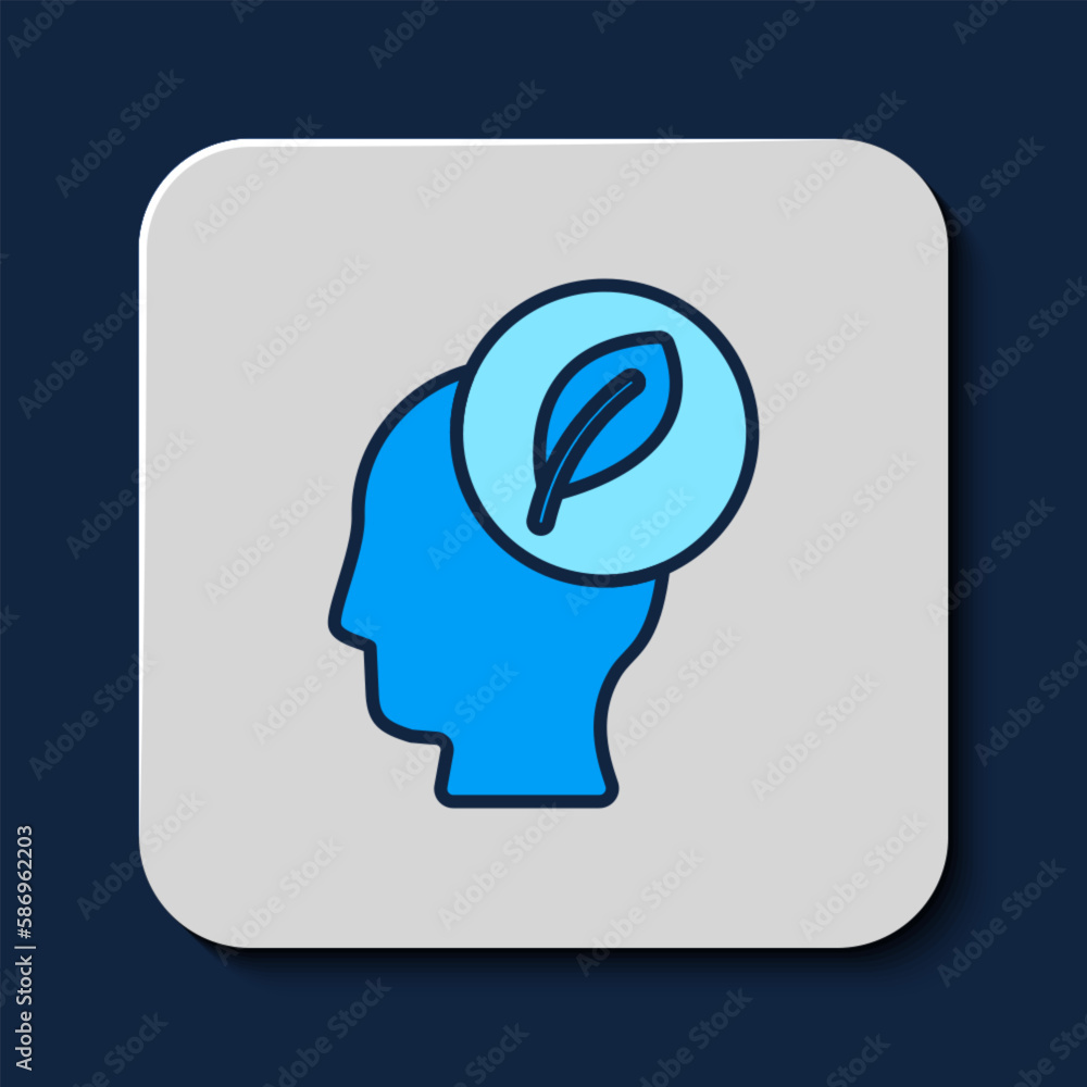Filled outline Human head with leaf inside icon isolated on blue background. Vector Filled outline Human head with leaf inside icon isolated on blue background. Vector