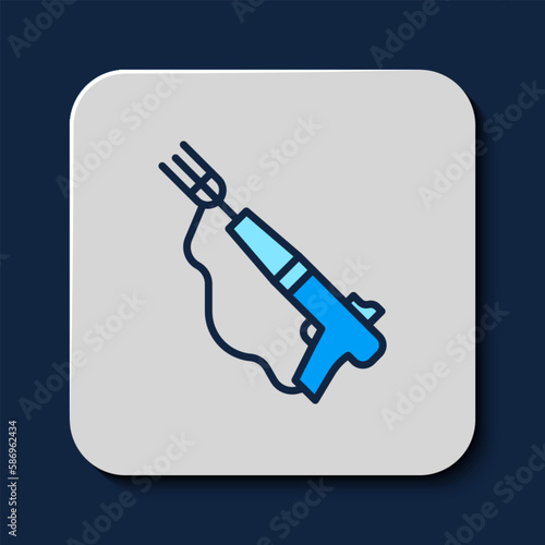 Filled outline Fishing harpoon icon isolated on blue background. Fishery manufacturers for catching fish under water. Diving underwater equipment. Vector