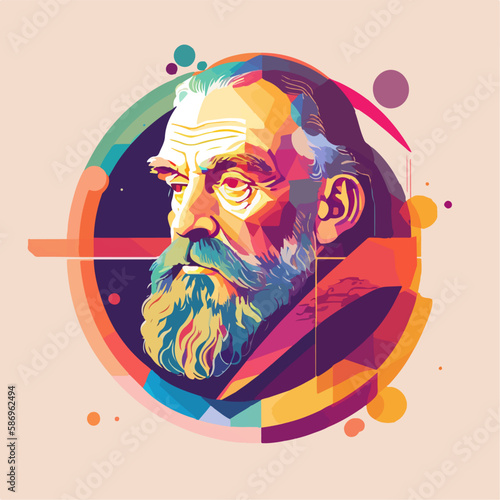Foto An illustration and vector of astronomer Galileo Galilei's portrait in WPAP style