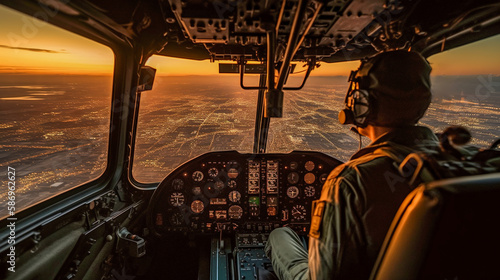Fotografiet Flying High, A Military Pilot in the Cockpit of a Helicopter with a City View an