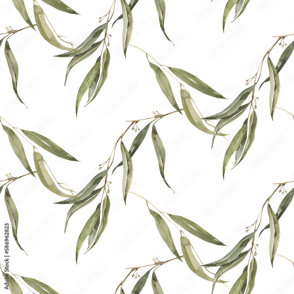 Fototapeta premium Watercolor Eucalyptus branches seamless pattern. Digital painted trendy print.