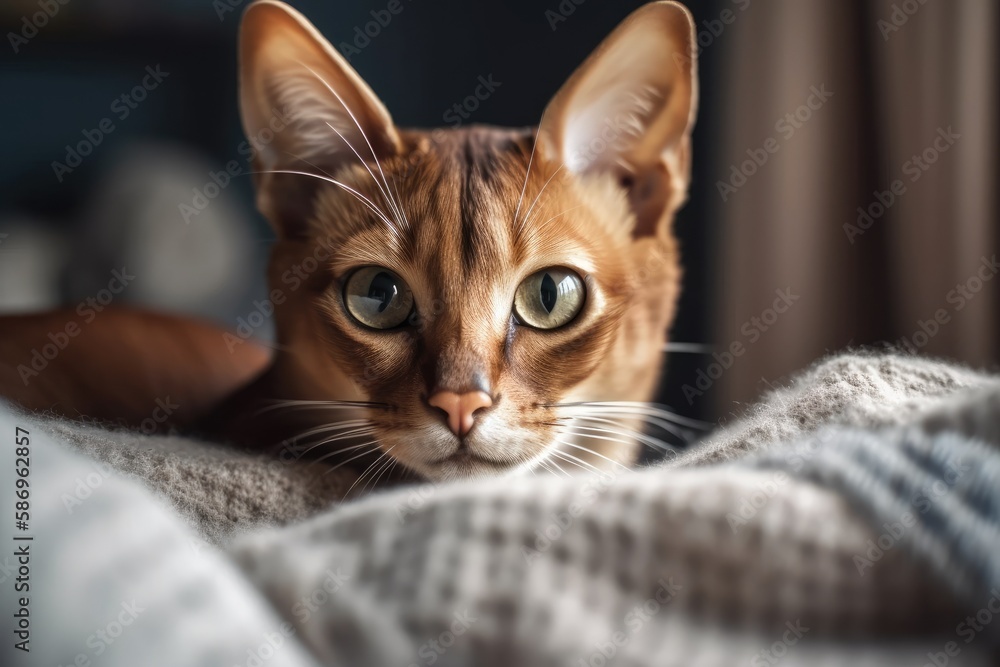 At home with her owner, an Abyssinian cat. Lovely purebred short haired kitten. Background, copy space, and close up. Generative AI