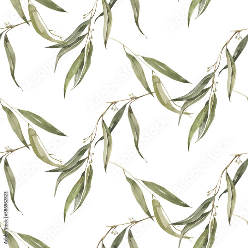 Fototapeta Naklejka Na Ścianę i Meble -  Watercolor Eucalyptus branches seamless pattern. Digital painted trendy print.
