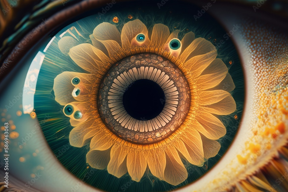 kaleidoscopic view of the human iris flower around pupil created with Generative AI technology