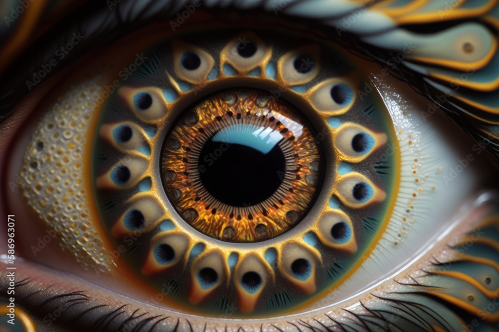 kaleidoscopic view of the human iris with a reflection created with Generative AI technology