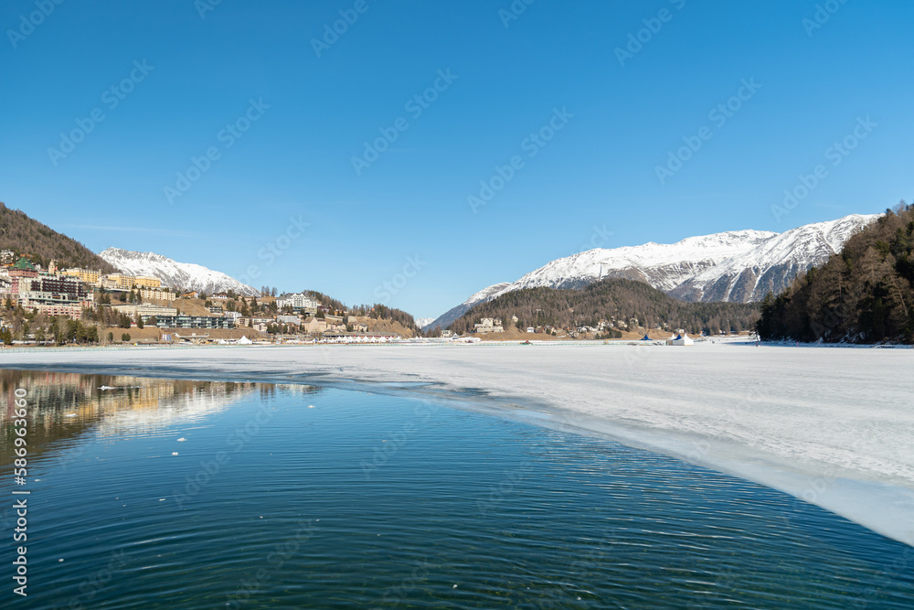 View over the frozen lake in Saint Moritz in Switzerland