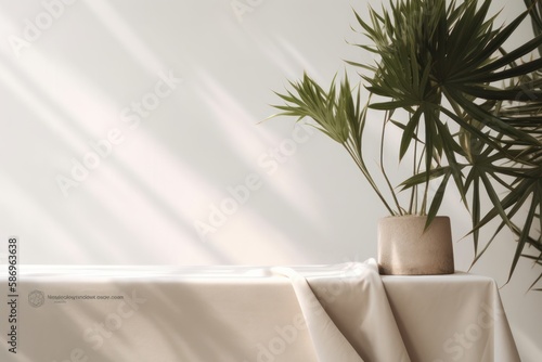 Beige cotton tablecloth on counter table with a tropical dracaena tree in sunlight against a white wall background, perfect for luxury organic skincare or beauty product display. 3D rendering photo
