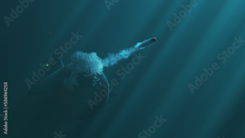 Atomic submarine launch torpedo underwater