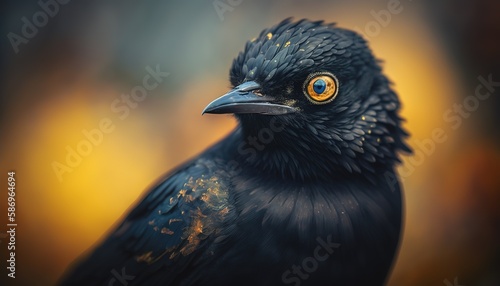 Close-up of a black bird with selective focus. Generative AI