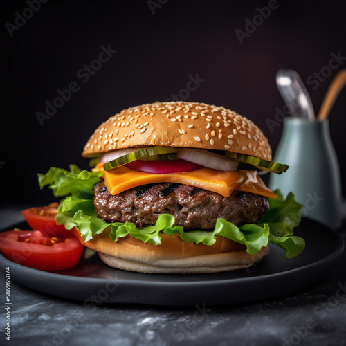 Juicy hamburger cheeseburger salad tomato cucumber sesame meat black background