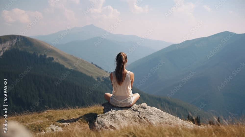 Fitness girl from the back,  meditating in front of a beautiful mountains, relax, calm, practicing yoga,generative ai