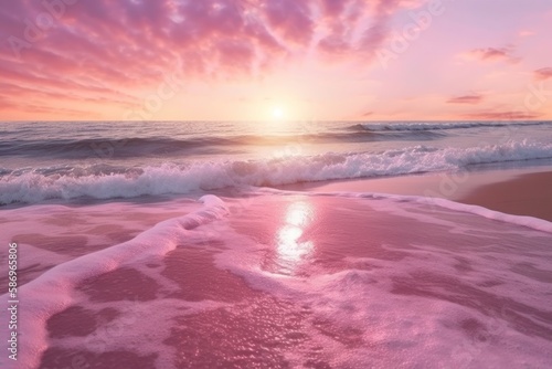 Pink sunset hawaii beach waves skyline sea foam paradise holudays  vacation travel summer generative ai
 photo