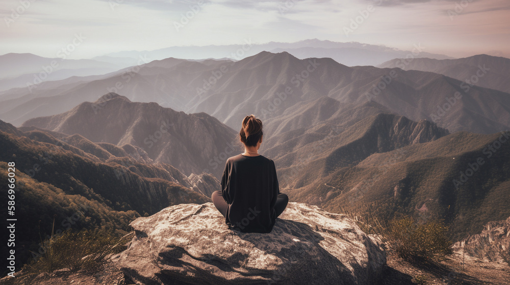 Fototapeta premium Fitness girl from the back, meditating in front of a beautiful mountains, relax, calm, practicing yoga,generative ai