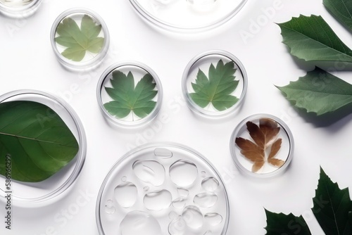 Petri dishes plants leaves on white background top view lab medical cosmetology sciense organic generative ai
 photo