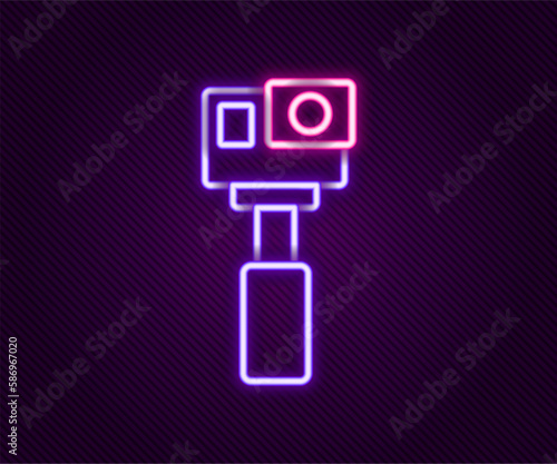 Glowing neon line Action extreme camera icon isolated on black background. Video camera equipment for filming extreme sports. Colorful outline concept. Vector