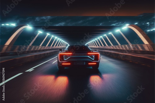 Cyber neon driving green power sport car with hybrid technology automotive in futuristic. Concept of light glowing on dark city view in night life. Finest generative AI.