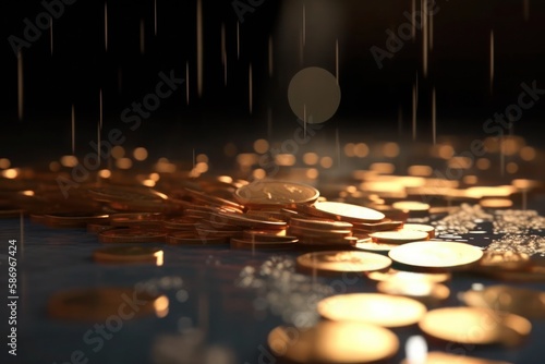 falling money cents gold coins with rain on dark background business and financial gambling win concept generative ai