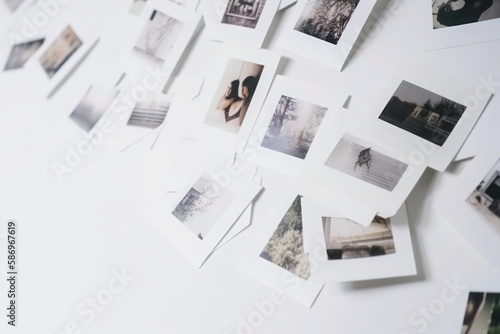 Instant polaroid Photos Collage pale white background 90s vintage polaroid frame pictures film cards scattered generative ai